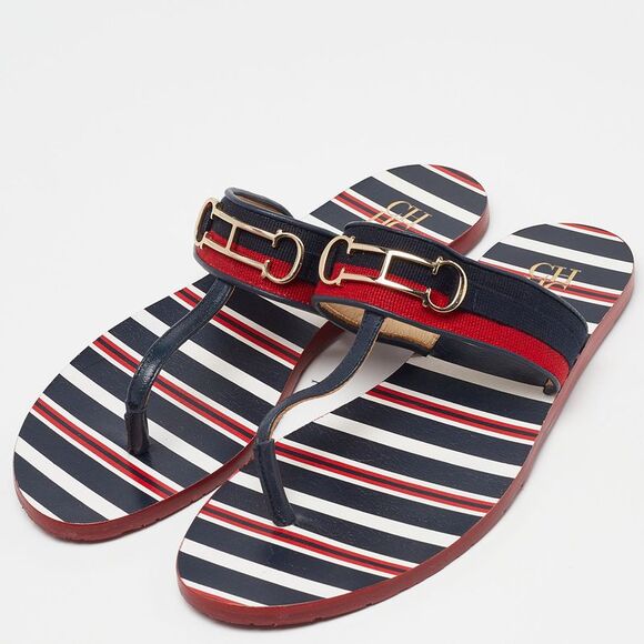 CH Carolina Herrera Multicolor Canvas and Leather Thong Flats Size 38 - Picture 2 of 4